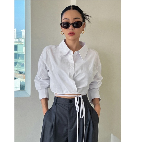 Cotton White Crop Button Up Down Was it Ties Long Sleeve Collared Shirt - Picture 2 of 10
